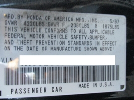 1997 HONDA ACCORD EX 4DR DARK GREEN 2.7L AT A16480